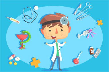 Çocuk doktoru, çocuklar hayalimdeki meslek nesneleri için profesyonel meslek illüstrasyon ile ilgili