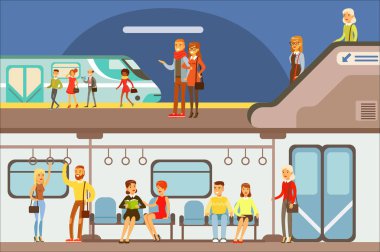 Metro, uçak ve gemi çizgi film sahneleri mutlu yolcuları ile gülümseyen insanlar farklı taşıma, ayarla