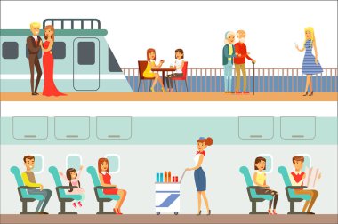 Metro, uçak ve gemi çizgi film sahneleri mutlu yolcuları ile gülümseyen insanlar farklı taşıma, ayarla