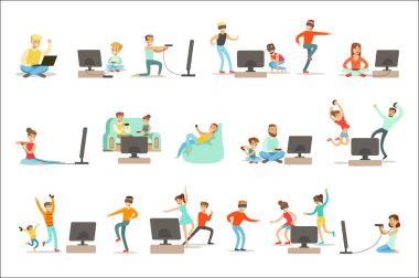 High Tech teknolojileri mutlu karikatür karakter kümesi ile video oyunları oynayanlar