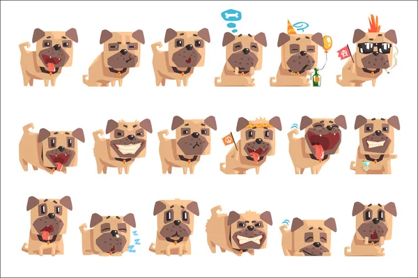 Küçük evde beslenen hayvan Pug köpek köpek yaka Emoji yüz ifadeleri ve faaliyetleri karikatür çizimler dizi