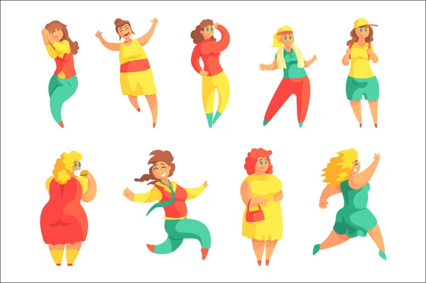 Happy Plus Size Mulheres em roupas de moda coloridas que apreciam o conjunto de vida de sorrir sobrecarregado meninas personagens de desenhos animados — Vetor de Stock