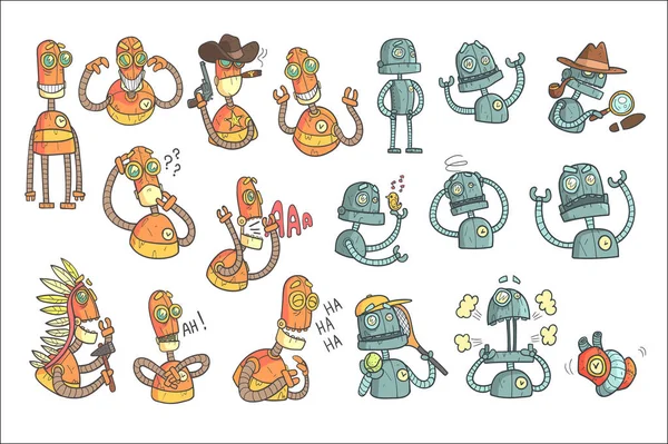 Portre karikatür turuncu Robot kümesi özetlenmiştir — Stok Vektör