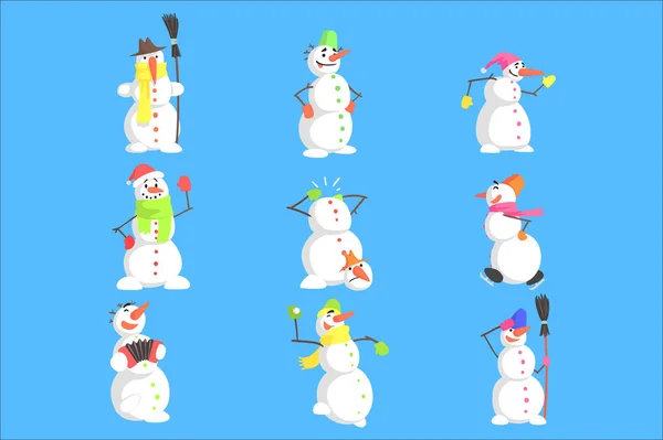 Klassieke sneeuwpoppen gemaakt van drie sneeuwballen Character Set — Stockvector