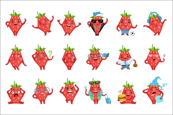 Personagem geométrico de morango Emoticons engraçados — Vetor de Stock