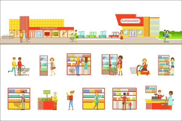 Supermarket Exterior And People Shopping Set Of Illustrations — Stock Vector