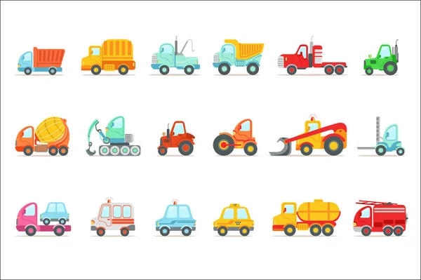 公共服务、 建筑和道路工作车集的彩色玩具卡通图标 — 图库矢量图片