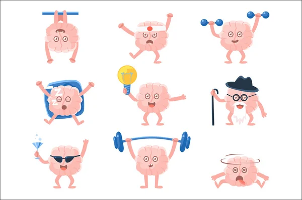 Humanized Brain Doing Different Activities Set Of Intellect Human Organ Cartoon Character Emoji — Stock Vector