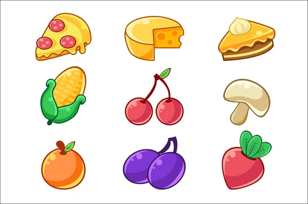 Food Items Outlined Childish Stickers Set For Flash Game Design Including Fruits , Berries And Pizza — Stock Vector