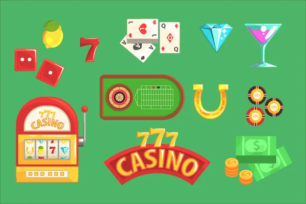 Juego Y Juego De Club Nocturno Del Casino Conjunto De Símbolos, Incluyendo Tarjetas, Dices, Mesa De Ruleta, Chips Y Distribuidor automático — Vector de stock