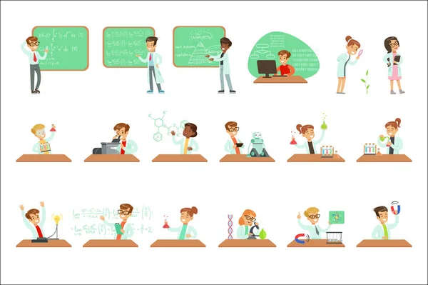 Kids In Lab Coats Doing Science Research Dreaming Of Becoming Professional Scientists In The Future Set Of Cartoon Characters — Stock Vector