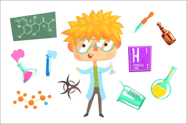 Boy Chemist, Kids Future Dream Professional Occupation Illustration With Related To Profession Objects — Stock Vector