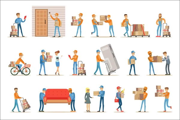 Diferentes trabajadores y clientes de servicios de entrega, mensajeros sonrientes entregando paquetes y mudanzas trayendo un conjunto de ilustraciones de muebles — Vector de stock