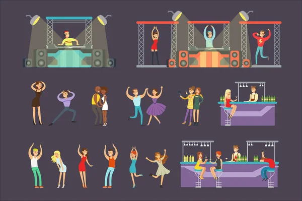Jeunes gens souriants dansant dans une boîte de nuit et buvant au bar avec DJ jouant de la musique Illustration vectorielle de bande dessinée — Image vectorielle