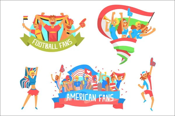 Animando a las multitudes felices de los fanáticos y devotos del equipo deportivo nacional con pancartas y atributos de apoyo — Vector de stock