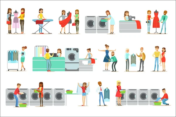 Ludzie w pralni, pralni chemicznej i krawiectwo usługi zestaw uśmiechający się postaci z kreskówek — Wektor stockowy