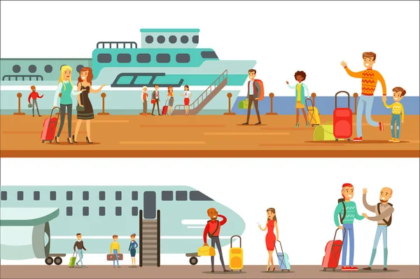 Leende människor ombordstigning olika Transport, uppsättning tunnelbana, plan och fartyg tecknade scener med glada resenärer — Stock vektor