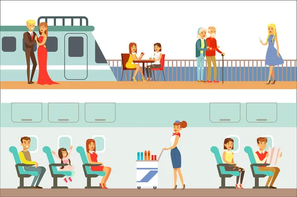 Pessoas sorridentes que tomam diferentes transportes, metrô, avião e navio conjunto de cenas de desenhos animados com viajantes felizes — Vetor de Stock