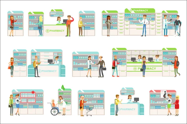 Sourire dans la pharmacie Choisir et acheter des médicaments et des cosmétiques Collection de scènes de pharmacie avec les pharmaciens et les clients — Image vectorielle