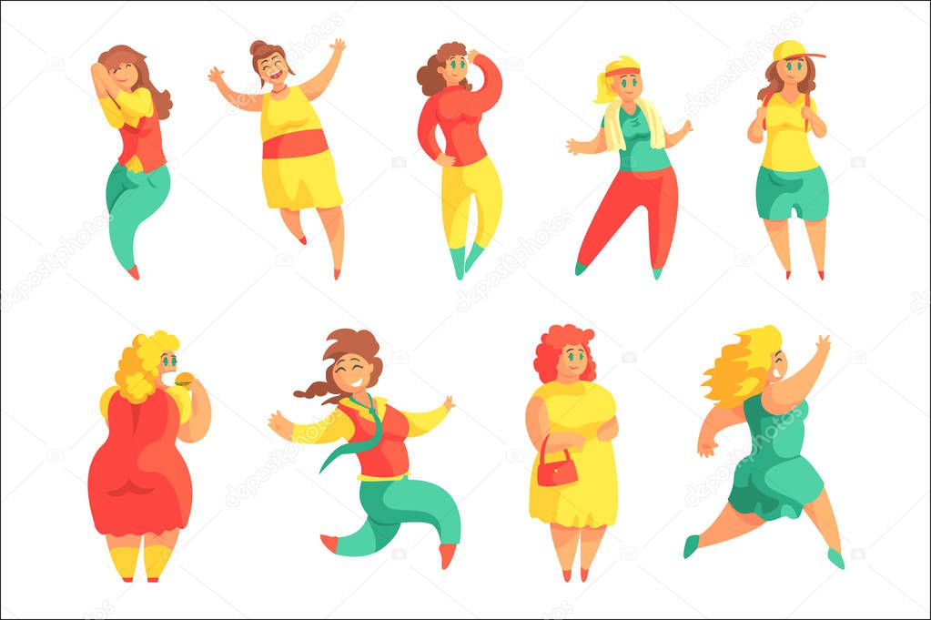 Happy Plus Size Women In Colorful Fashion Clothes Enjoying Life Set Of Smiling Overweighed Girls Cartoon Characters