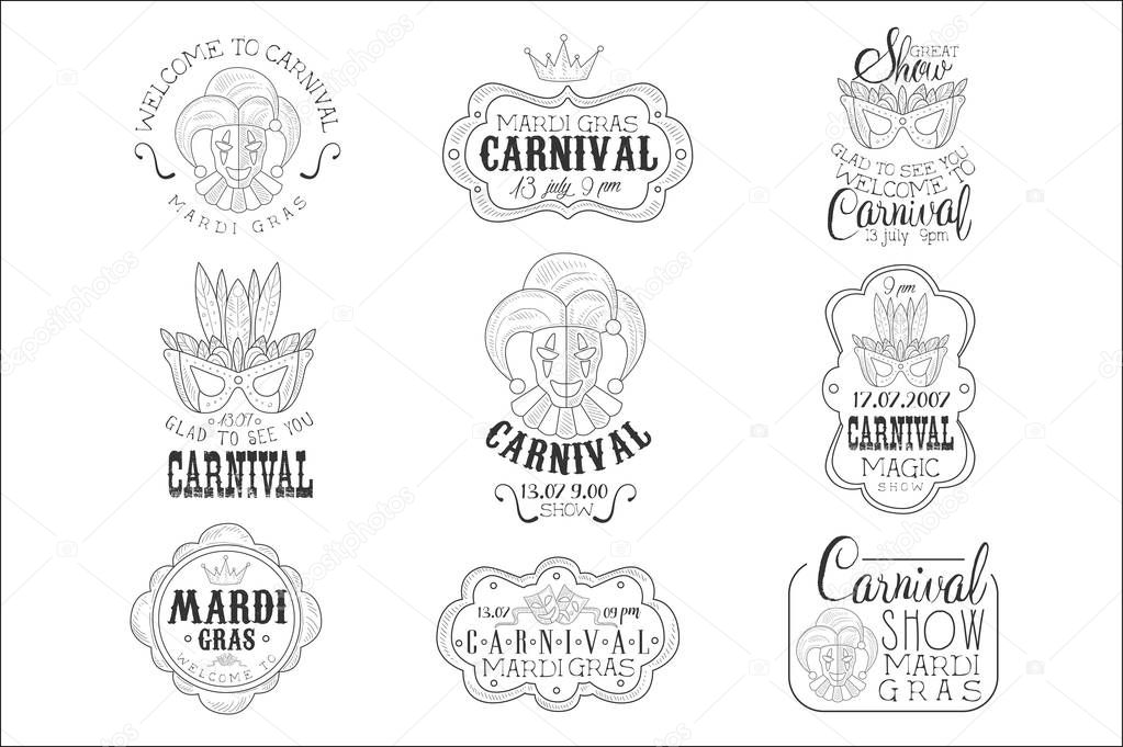 Set Of Hand Drawn Monochrome Mardi Gras Event Promotion Signs In Pencil Sketch Style With Calligraphic Text And Detailed Vintage Frames