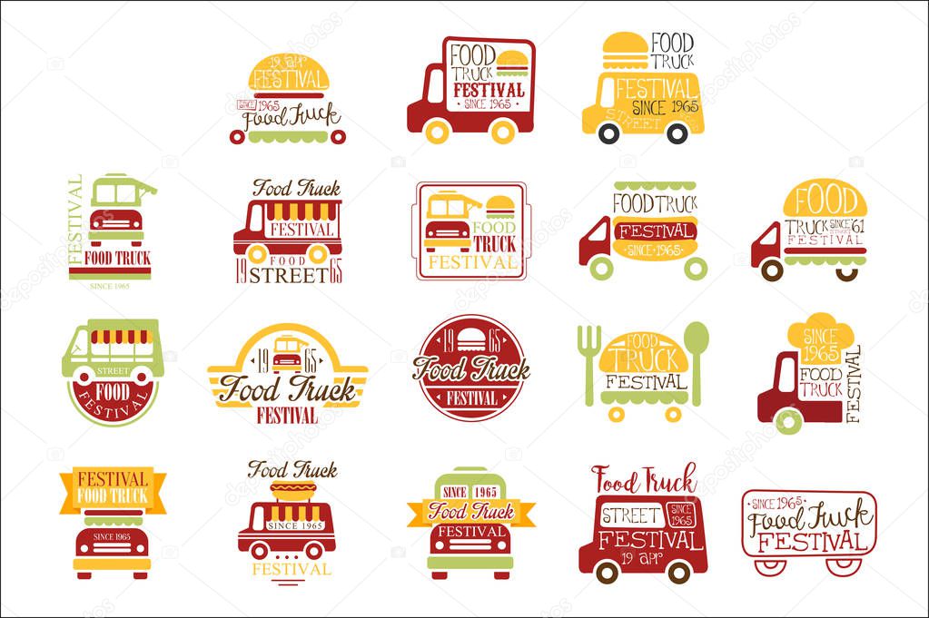 Food Truck Cafe Street Promo Signs Collection Of Colorful Vector Design Templates With Vehicle Silhouette