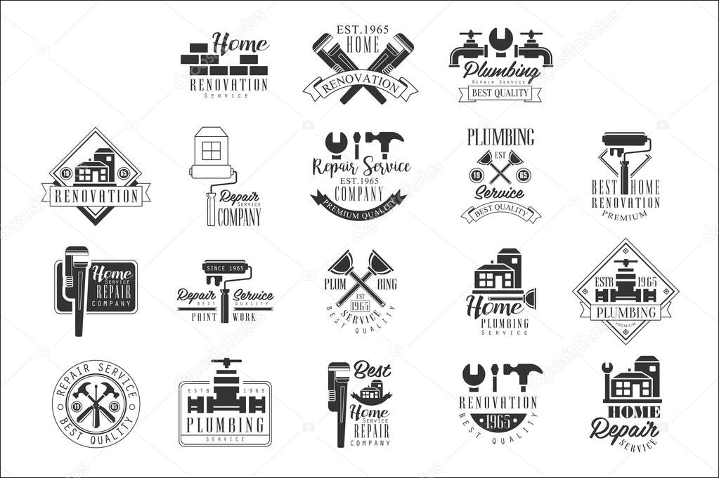 Plumbing And Repairing Service Black And White Sign Design Templates With Text And Instrument Silhouettes. Collection Of Monochrome Vector Emblems For Repair Company Advertisement.