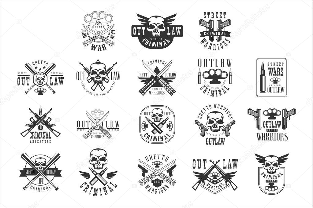 Criminal Outlaw Street Club Black And White Sign Design Templates With Text And Weapon Silhouettes. Collection Of Monochrome Vector Emblems With Ghetto Symbols For Prints And Stencils.