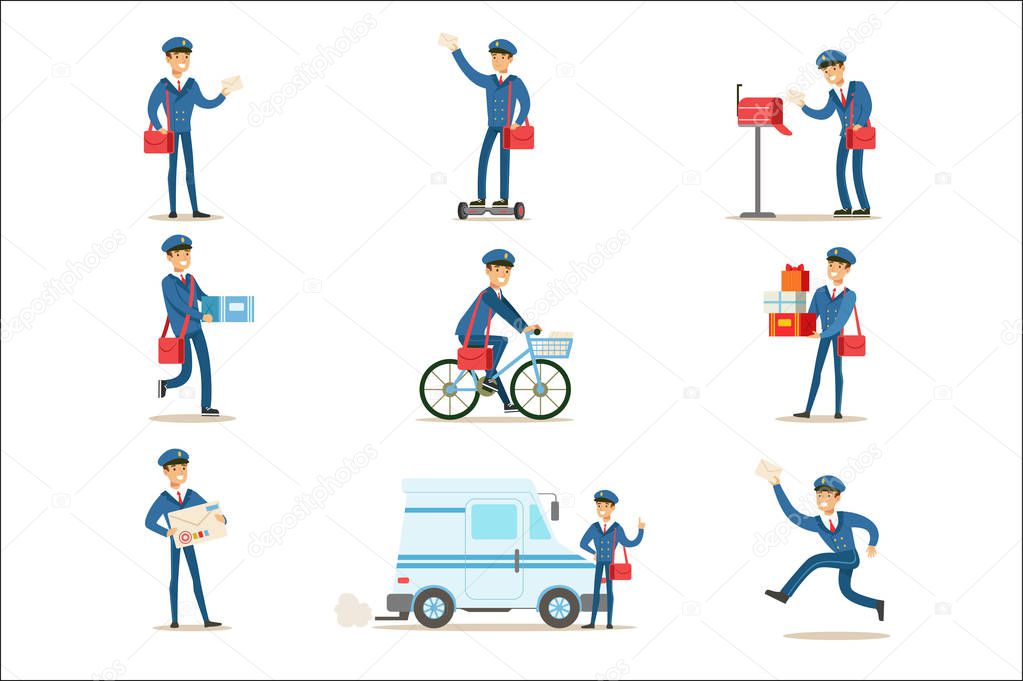 Postman In Blue Uniform With Red Bag Delivering Mail And Other Packages, Fulfilling Mailman Duties With A Smile Set Of Illustrations.