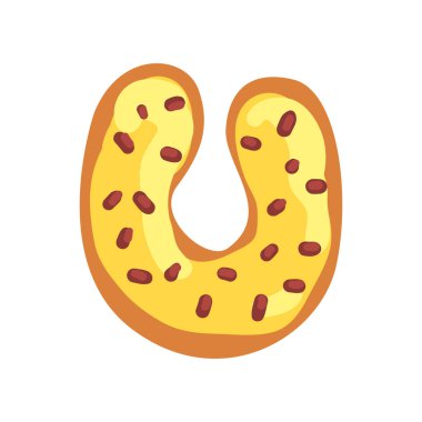 U harfi şeklinde tatlı kurabiyem, ekmek yenilebilir yazı tipini İngilizce alfabe vektör çizim beyaz bir arka plan üzerinde sırlı