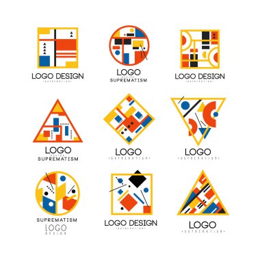 Süprematizm logo tasarım kümesi, soyut yaratıcı geometrik şablonları olabilir kullanılan marka kimliği, reklam, poster, afiş, el ilanı, web, beyaz bir arka plan üzerinde app vektör çizimler