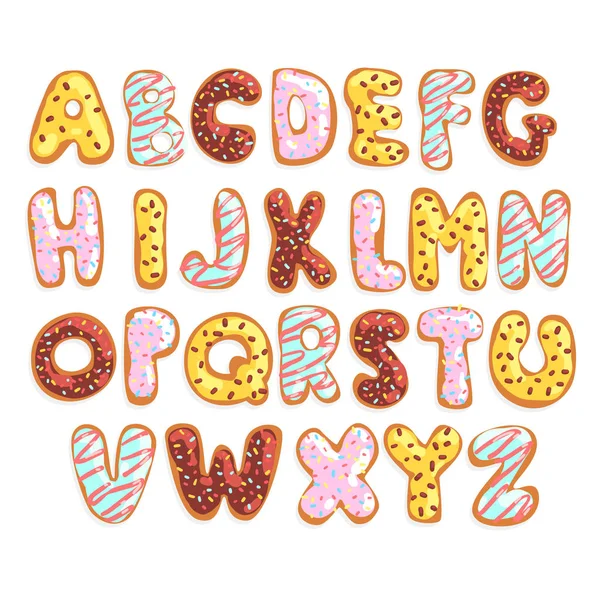 Γλυκό μπισκότο Αγγλικό αλφάβητο, γράμματα βρώσιμα αρτοποιίας σε σχήμα μπισκότα εφυαλωμένη διανυσματικά εικονογράφηση σε λευκό φόντο — Διανυσματικό Αρχείο
