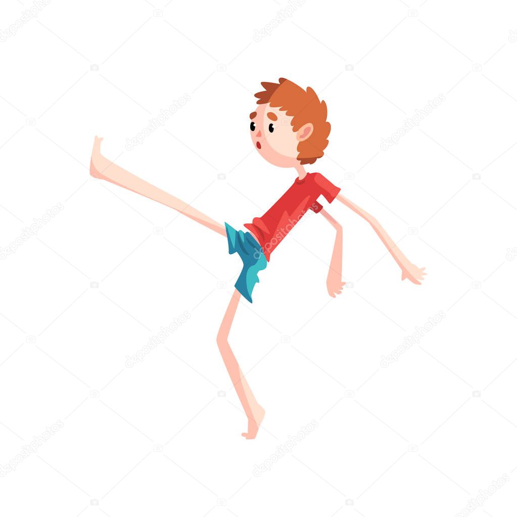 Boy standing on one leg practicing capoeira movement, kid character doing element of martial art, capoeira dancer pose vector Illustration on a white background