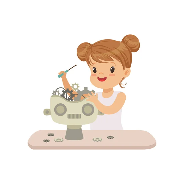 Υπέροχο μικρό gill δημιουργία έξυπνων ρομπότ, ρομποτική και τον προγραμματισμό για παιδιά, φουτουριστικό τεχνητή νοημοσύνη διανυσματικά εικονογράφηση σε λευκό φόντο — Διανυσματικό Αρχείο