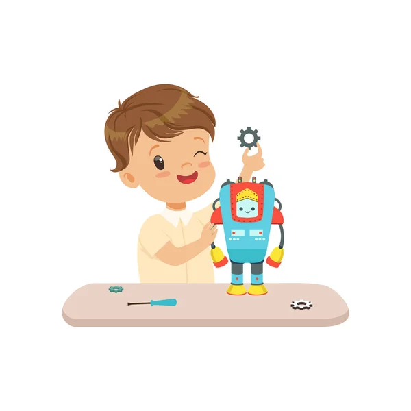 Liten pojke bygga en robot, robotics och programmering för barn, pedagogiska projekt begreppet vektor Illustration på vit bakgrund — Stock vektor
