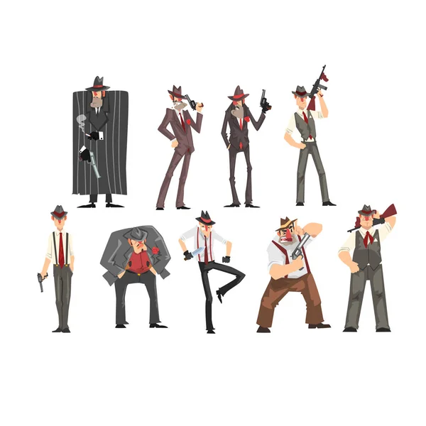 Gangster set, criminal characters in fedora hat with gun vector Illustrations on a white background — Stock Vector