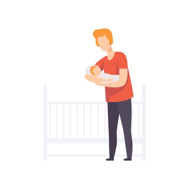 Ellerinin üstünde mutlu genç baba holding yeni doğmuş bebek, onun alt Bakımı baba resimde beyaz bir arka plan üzerinde vektör