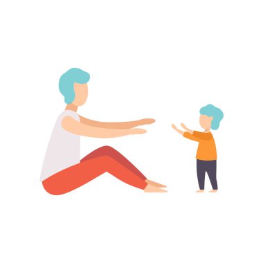 Bebek toddler alarak ilk adımı babasına baba çocuğunu dikkat çekici resimde beyaz bir arka plan üzerinde vektör