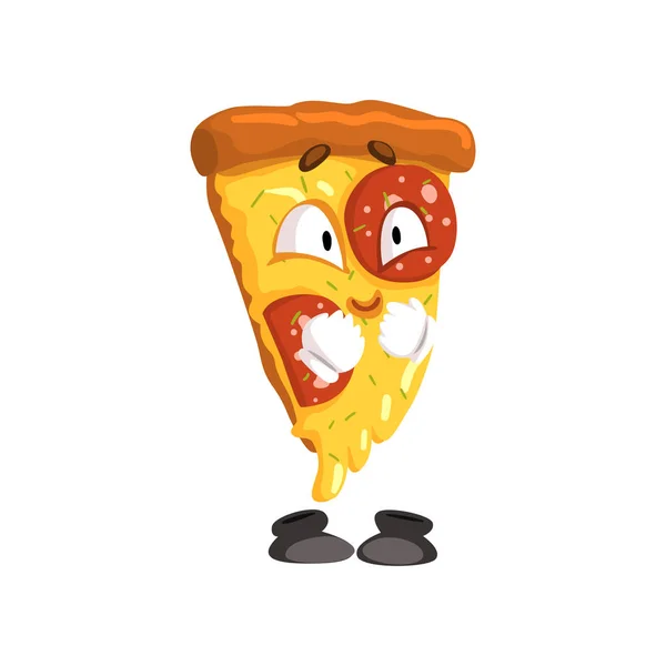 Linda rebanada sonriente de pizza, divertido vector de personajes de comida rápida de dibujos animados Ilustración sobre un fondo blanco — Archivo Imágenes Vectoriales