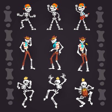 Ürkütücü iskelet karakter seti, iskelet rapçi beyzbol şapkası, kovboy ve punk vektör çizimler