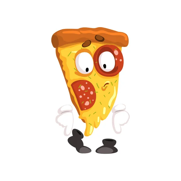 Linda rebanada de pizza, divertido vector de personajes de comida rápida de dibujos animados Ilustración sobre un fondo blanco — Archivo Imágenes Vectoriales