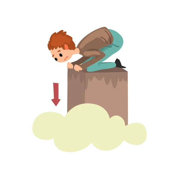 Ember szenved acrophobia, guy érzés félelem a magasságtól, emberi félelem koncepció vektoros illusztráció egy fehér háttér — Stock Vector