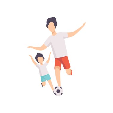 Baba ve oğul futbol, baba ve oğlu birlikte eğleniyor yürütme üzerinde beyaz bir arka plan illüstrasyon vektör
