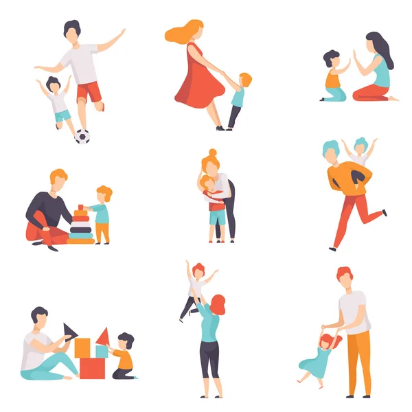 Ouders en hun kinderen goed met tijd samen set, mama en papa spelen, doen van sport, plezier maken met hun kinderen-vector illustraties op een witte achtergrond. — Stockvector