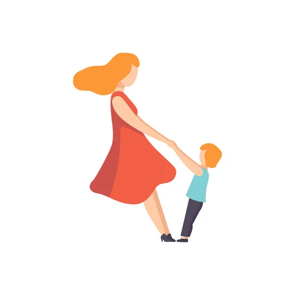 Mother holding her son by hands, Mom playing with her kid vector Illustration on a white background — Stock Vector