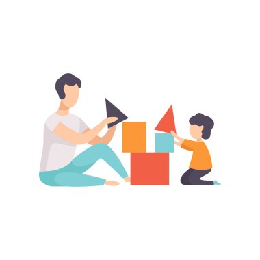 Baba, oyuncak küpleri oğlu ile oynama baba ve oğlu birlikte iyi vakit geçiriyor resimde beyaz bir arka plan üzerinde vektör