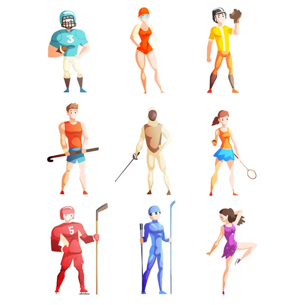Sportovní lidé dělají různé druhy sportů, profesionální sportovci znaky v uniformě s vybavením, vektorové ilustrace na bílém pozadí — Stockový vektor