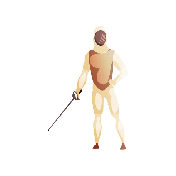 Hombre con traje de esgrima de pie con espada, personaje atleta esgrima masculino, vector de estilo de vida deporte activo Ilustración sobre un fondo blanco — Vector de stock