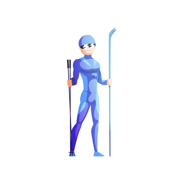 Скромний спортсмен, чоловічий спортивний персонаж у спортивному одязі, що стоїть на лижах, активний спортивний спосіб життя Векторні ілюстрації на білому тлі — стоковий вектор