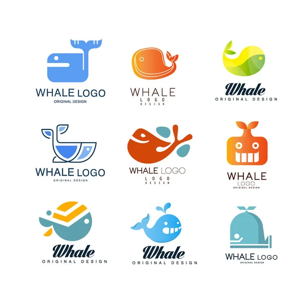 Whale logos original design set, creative emblems can be used for travel agency, shipping company, seafood market, pool vector Illustrations on a white background — Stock Vector